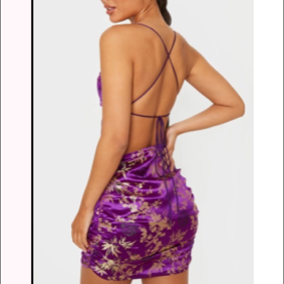 purple jacquard floral strappy back ruched bodycon dress Lace Trim Floral Tie Back Bodycon Dress